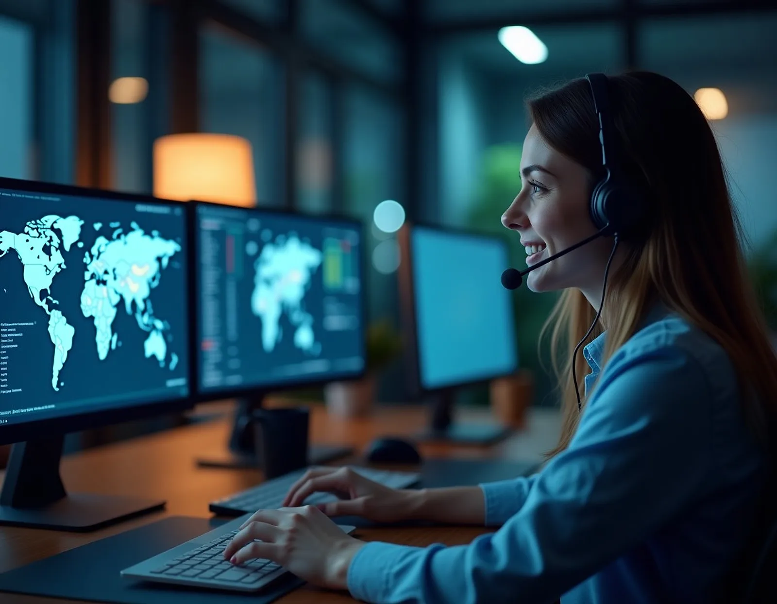 Coordinator with a headset at a desk with world map monitors