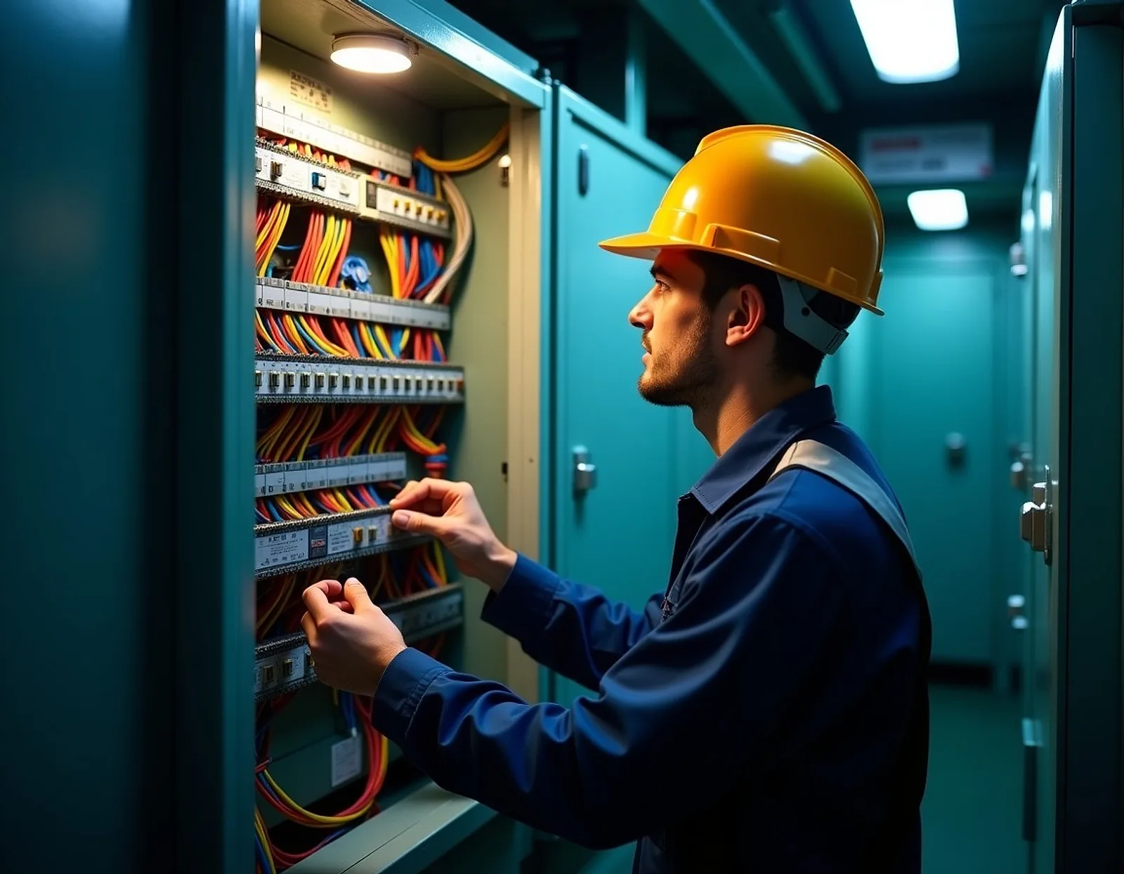 Ship electrician in a yellow helmet working on an open switchboard