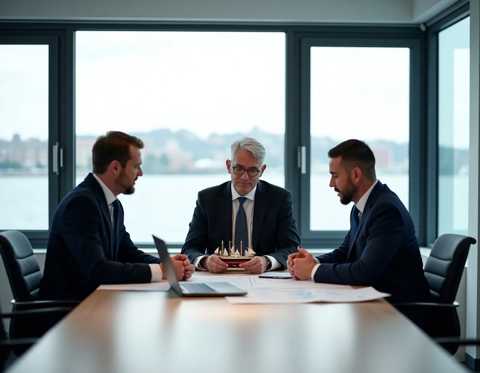 Three people in a meeting room around a table with a ship model