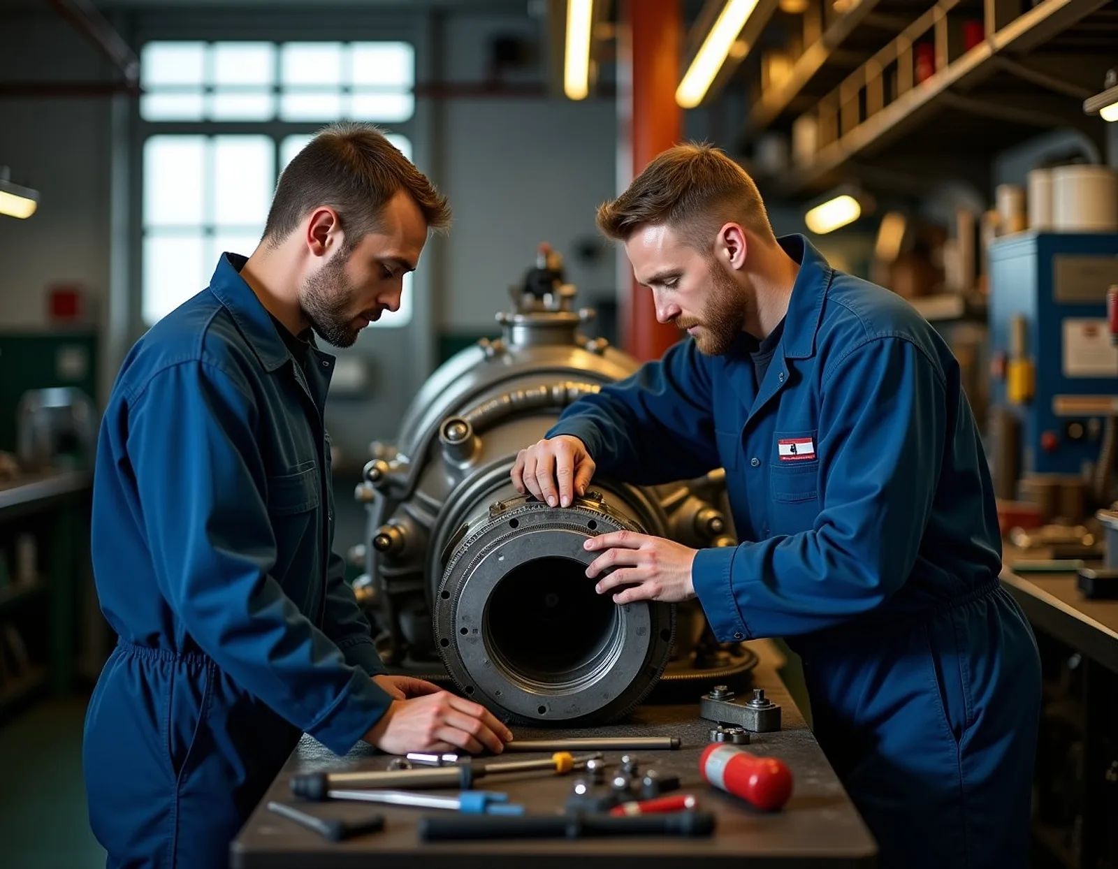 Two marine engineers in coveralls overhauling a ship engine cylinder head on a workbench