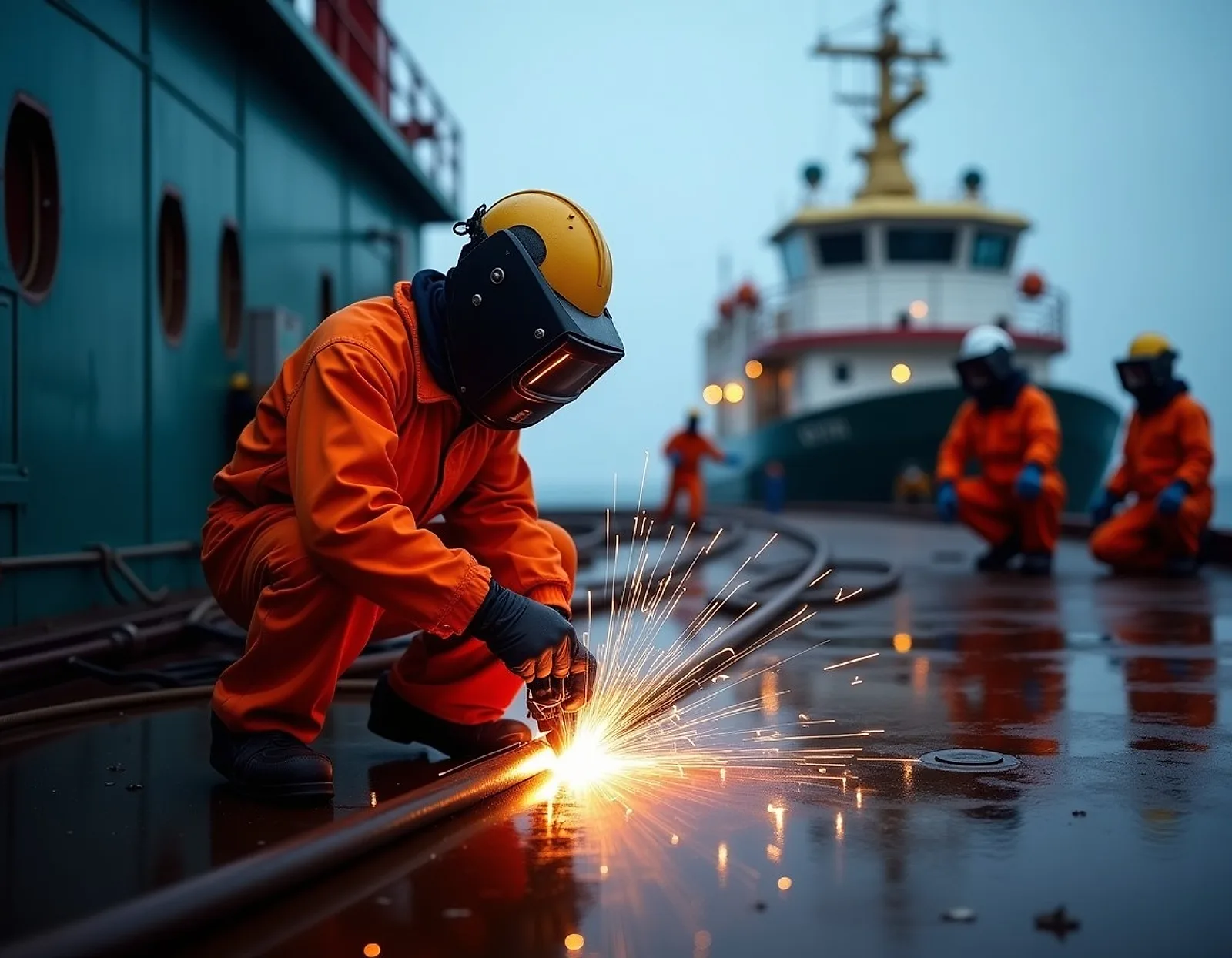 Repair team working on a ship deck at anchorage