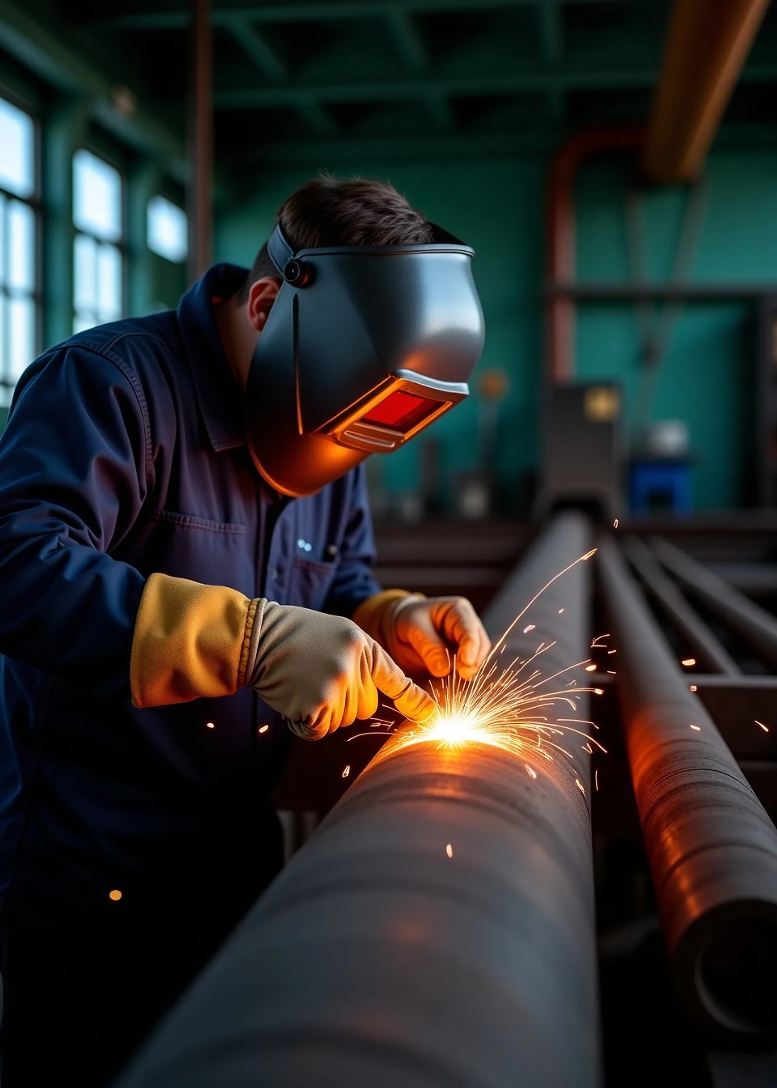 Welder in a protective mask doing TIG welding on a steel pipe inside a ship with orange sparks